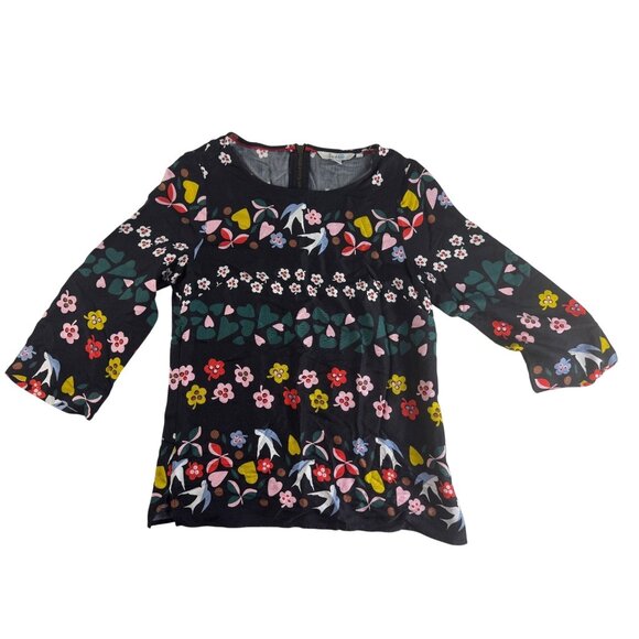 Boden Aria Folklore Birds Hearts Blouse Sz. 4 Flowy 3/4 Sleeve Zipper Back - Picture 1 of 9